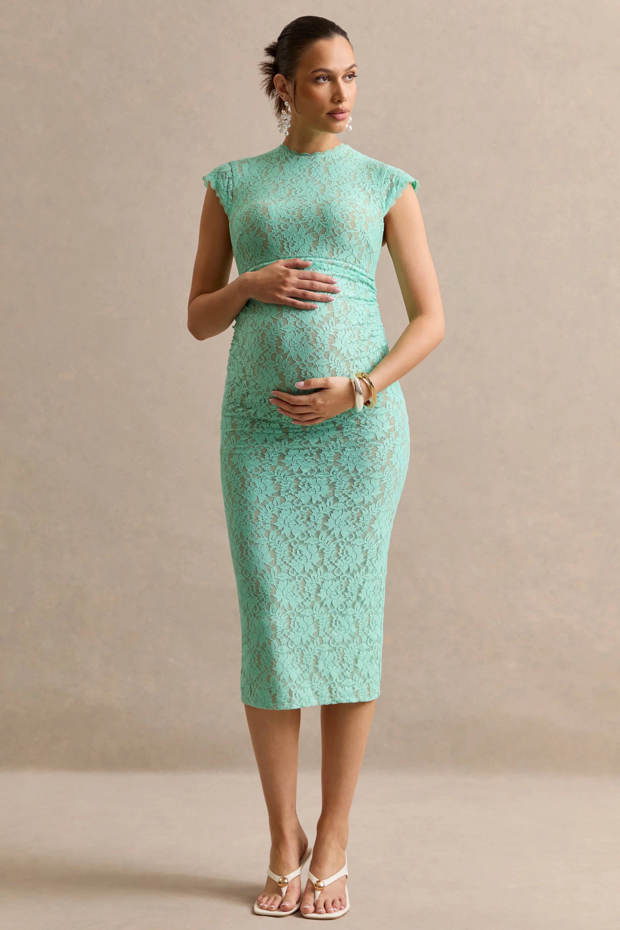 Vianne | Mintfarbenes Umstands-Midikleid aus Spitze mit Rundhalsausschnitt