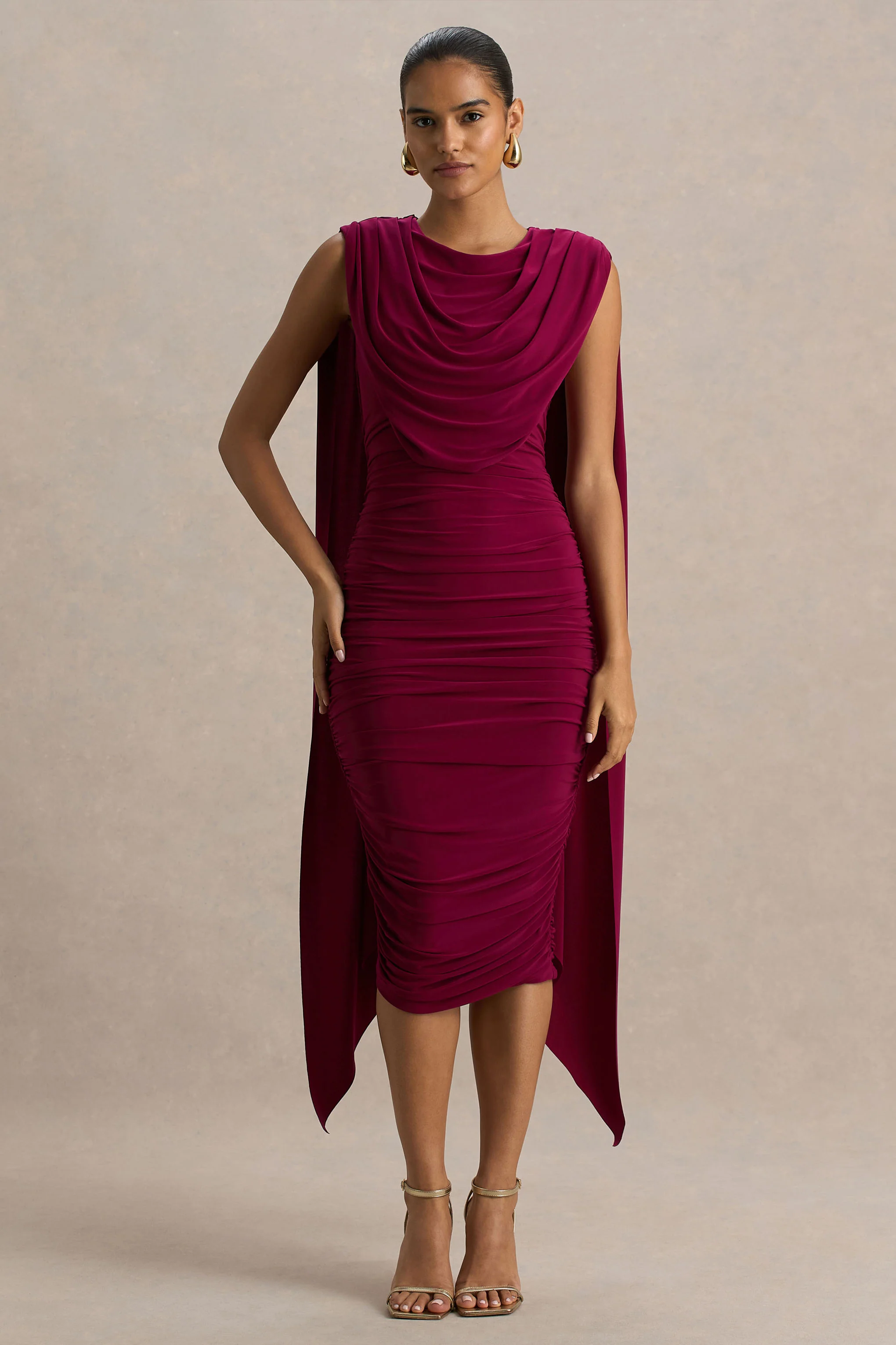 Wanderer | Burgunderrotes Midikleid mit Rundhalsausschnitt und Drapierungen - Image 3