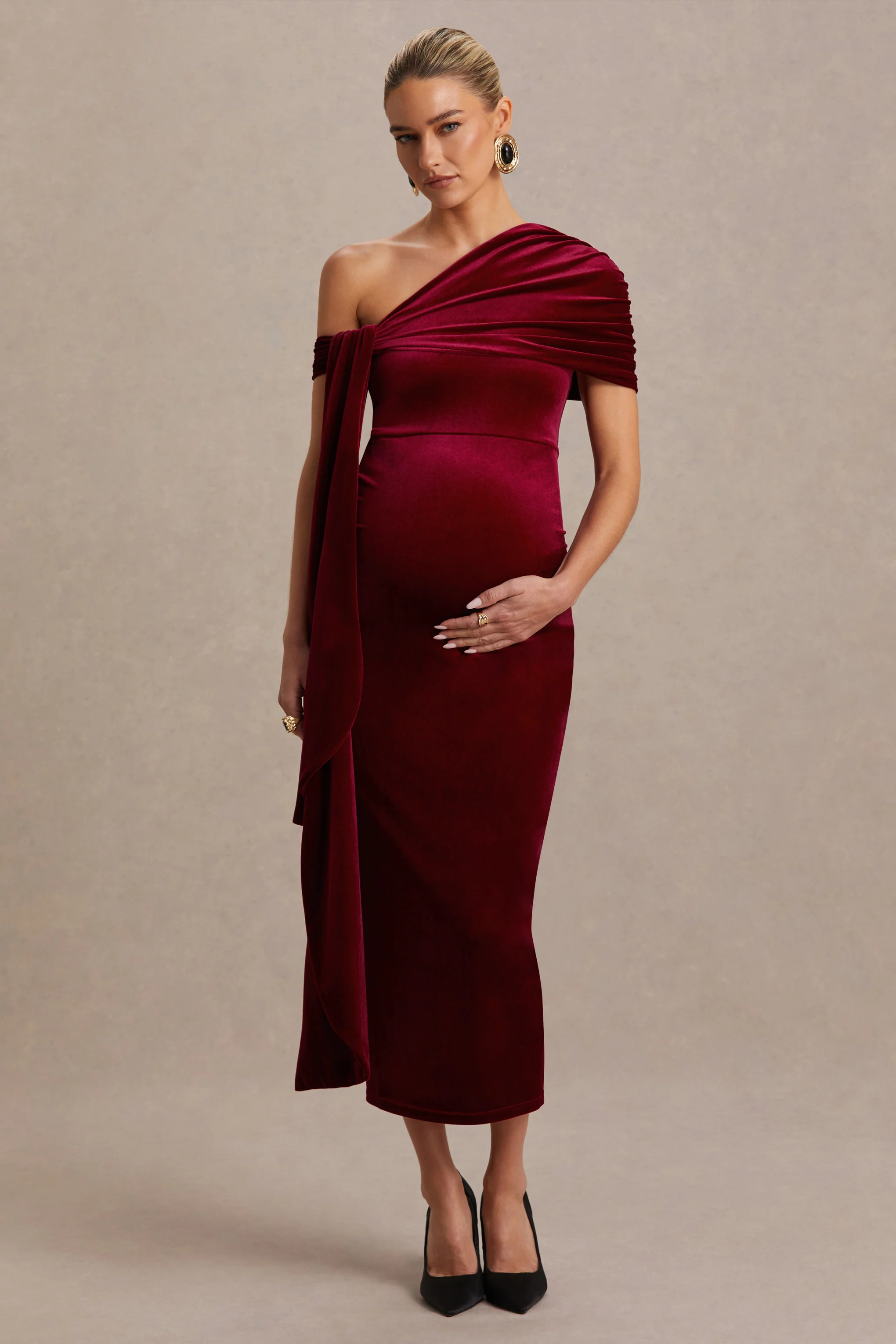 Zena | Burgunderrotes Samt-Midikleid mit asymmetrischem Ausschnitt und Knotendetail