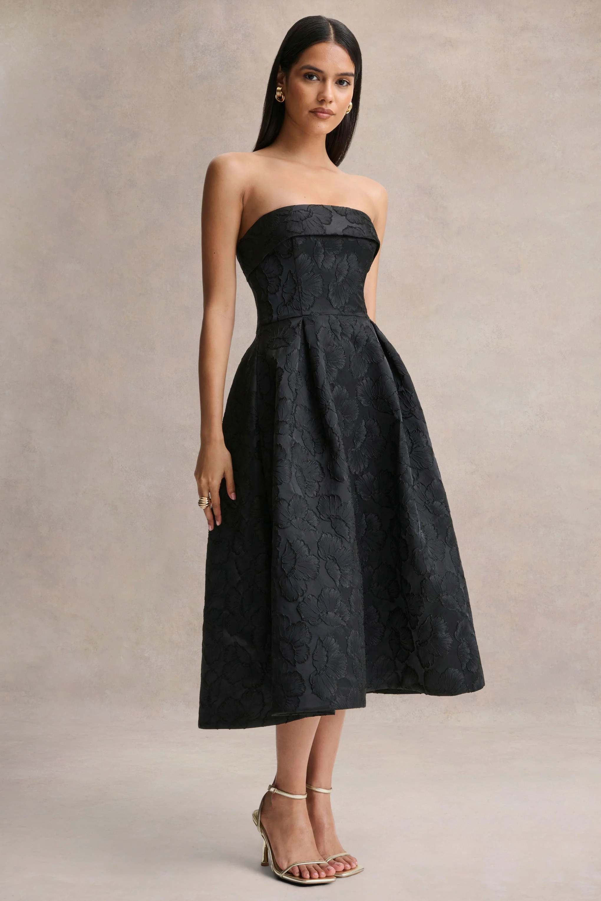 Zuma | Schwarzes metallisches Jacquard schulterfreies Midikleid - Image 5